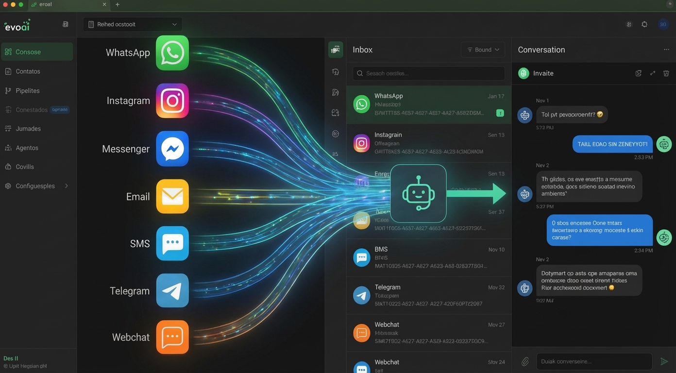 Dashboard unificado mostrando conversaciones de WhatsApp, Instagram y Email